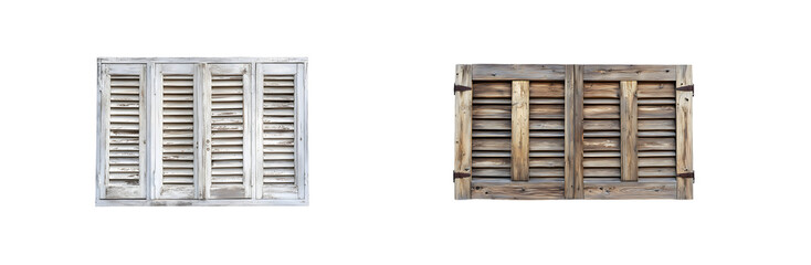 Set of Aged wooden window shutters, light and dark tones. isolated on transparent background
