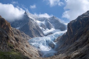 Glacier Flowing Through Mountain Valley on Sunny Day