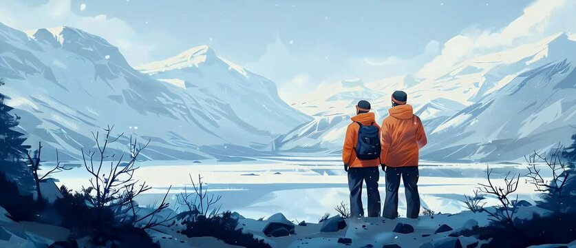 Digital art of two men standing before snowy mountains in vector style.