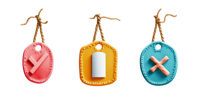 Three colorful handcrafted labels show yes, no, and maybe options hanging against a clean white background. - Powered by Adobe