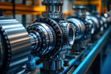 Close-up of shiny metallic industrial machinery parts lined up in a factory with a focus on precision engineering components