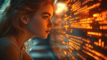 Focused young woman looking intently at glowing orange computer code on a large screen in a dark room