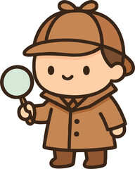 Cute Cartoon Detective Character in Brown Coat Holding Magnifying Glass – Vector Illustration for Kids and Education Design