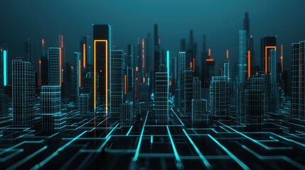 Obraz premium Futuristic city skyline with glowing outlines.