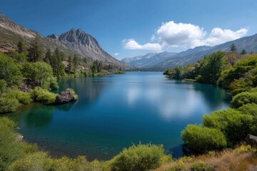 Scenic Mountain Lake Landscape with Clear Blue Sky and Water