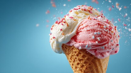 Delicious double scoop ice cream cone with colorful sprinkles