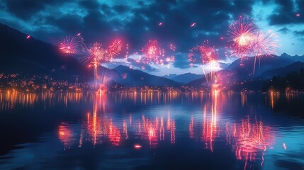 Naklejka premium A vibrant array of New Yeara??s fireworks reflecting off a calm lake