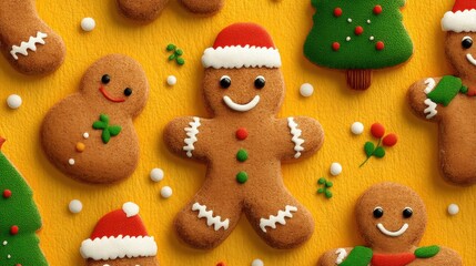 Obraz premium Close-up of gingerbread cookies with Christmas decorations, warm tones and festive holiday details.