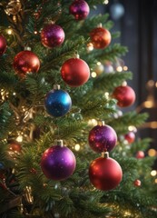 Naklejka premium Vibrant baubles adorn a Christmas tree, bokeh lights glow , dazzling, sparkle