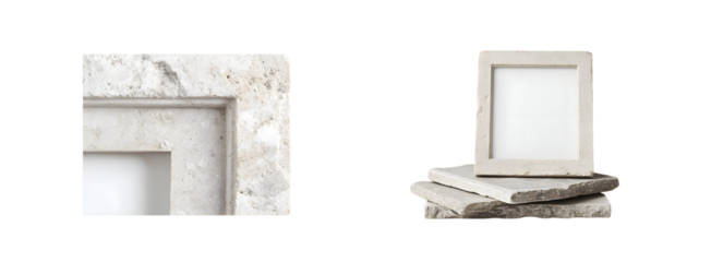 Light gray stone fireplace surround and picture frame set. isolated on transparent background