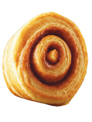 Freshly baked cinnamon roll with glazed swirl sits invitingly against a pristine white background surface.
