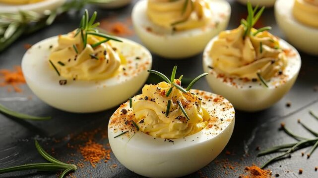 Enjoy a delightful plate of classic deviled eggs, beautifully garnished with sprigs of fresh rosemary, creating a perfect appetizer for any occasion.