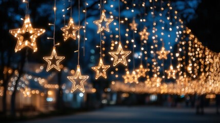 Decorative star-shaped lights hanging on strings, glowing softly against a dark evening background.