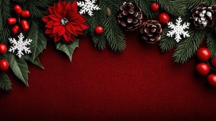 Christmas decorations with red poinsettias and pine cones on a vibrant red background, festive holiday theme.