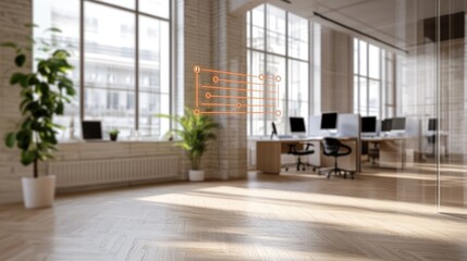 Fototapeta premium Modern open office interior with data chart graphic light filled workspace design