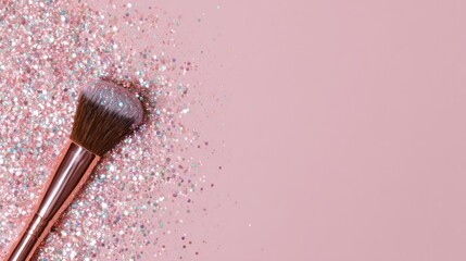 Makeup brush with glitter on pink background