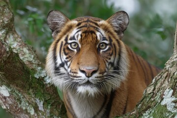 Obraz premium Tiger Looking Directly at Camera From Tree Branch