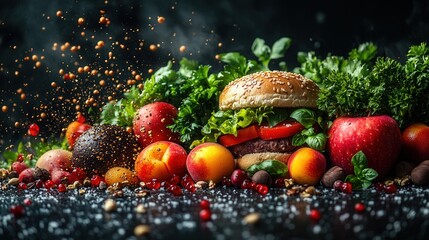 A mouthwatering burger and fresh fruits composition, ready for a gourmet culinary experience.