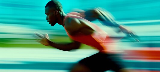 Young Black male runner in mid-stride, athletic build, intense focus. Profile view with motion blur, vibrant teal and green tones. Cinematic, high-contrast image capturing speed, energy, and active li