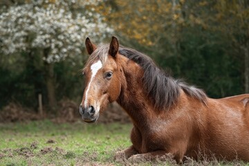 Fototapeta premium Horse Resting Peacefully in Grassy Field Portrait