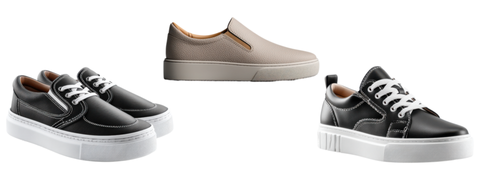 Modern unisex sneakers with black leather and beige slip-on designs, white platform soles, isolated on png background