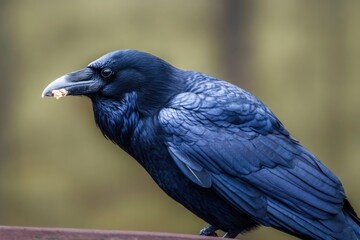 Obraz premium Raven Holding Food Perched on Ledge Wildlife Bird Close Up