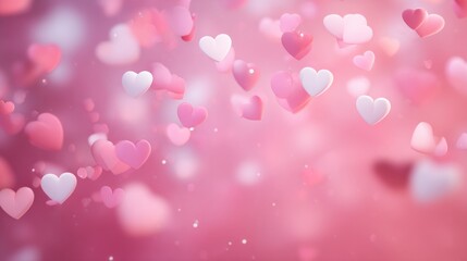 Delicate hearts float in a soft pink and white bokeh background