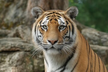 Obraz premium Tiger Looking Directly at the Viewer in Outdoor Setting