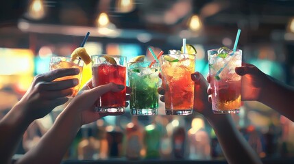 Cheers to Friendship! Colorful Cocktails at Night in a Lively Bar