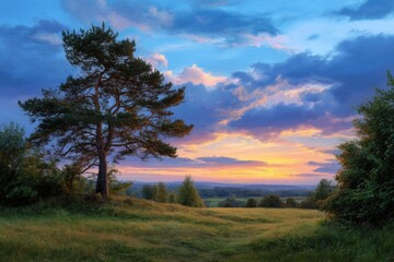 Obraz premium Lone Tree Standing on Hillside at Colorful Sunset
