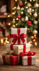 White and red bow-wrapped gifts arranged on a table, bright daylight, festive holiday setting.