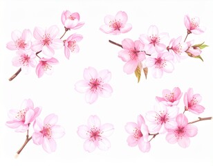 Watercolor cherry blossoms branches in pale pink, ink-style delicate branches. 