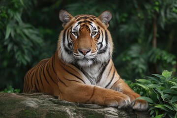 Resting Striped Cat Portrait Big Cat Relaxing on a Rock