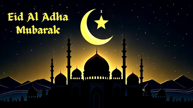 Eid al adha mubarak greeting featuring a mosque silhouette under a crescent moon and star