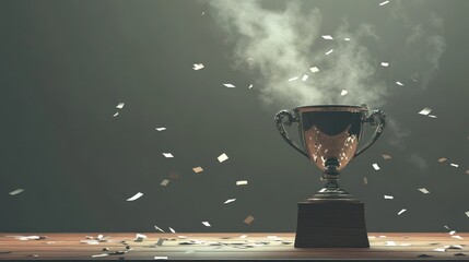 Triumph Illumination: Metallic trophy gleams amid confetti shower and misty aura