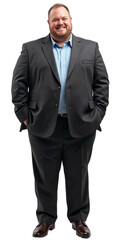 Photorealistic full-body non-binary person, 30s, plus-size, charcoal pinstripe suit, warm friendly gaze, professional studio. Isolated on transparent background. Use for business, HR, diversity,