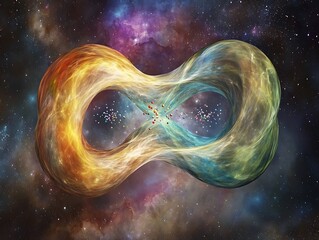 An artistic rendering of distant communication between entangled particles.