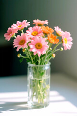 Pink and orange daisies in a glass vase