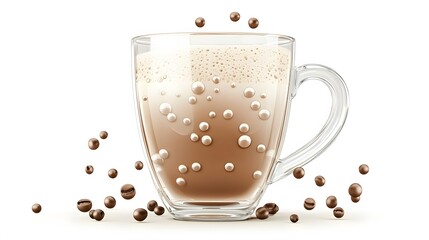 Glass mug of frothy coffee drink with coffee beans.