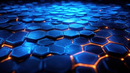 Close-up of illuminated hexagonal tiles glowing with blue and orange light creating a futuristic and high-tech surface pattern