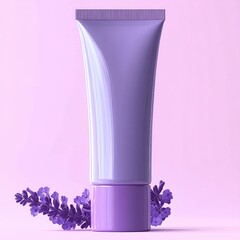 Glossy lavender cosmetic tube standing upright with fresh lavender flowers on a soft pink background, conveying calmness and natural beauty