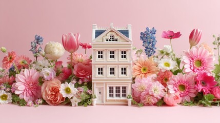 Charming miniature house surrounded by vibrant flowers