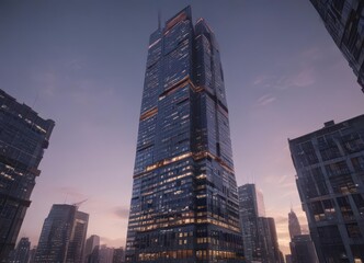 Fototapeta premium Sleek skyscraper rising, day to night timelapse , day, futuristic