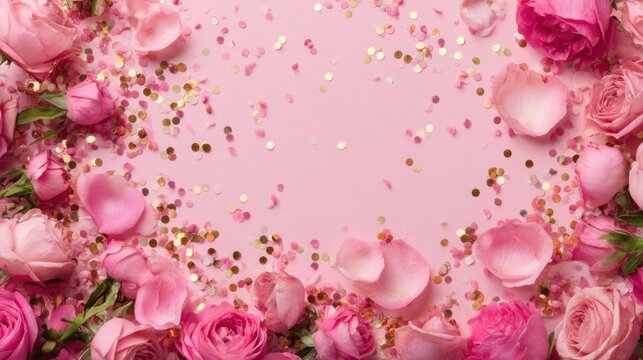 Pink roses, petals, and gold confetti on a pastel pink background