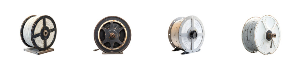 Obraz premium set of Industrial spools of white material on gray stands. isolated on transparent background