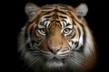 Fototapeta premium Tiger Staring Portrait Front View on Black Background