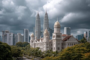 Obraz premium Cityscape View with Classic Building and Modern Towers Under Cloudy Sky
