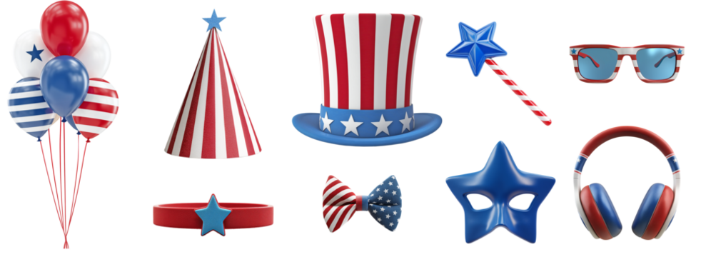 Patriotic party elements set with red white blue balloons, striped cone hat, Uncle Sam hat, and star bracelet, transparent background, perfect for Fourth of July, Independence Day