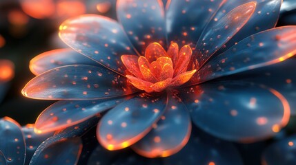 Captivating close-up of a radiant flower with blue petals and glowing orange center.