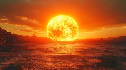 Obraz premium Artificial sun rising over barren desert landscape High Resolution Illustration